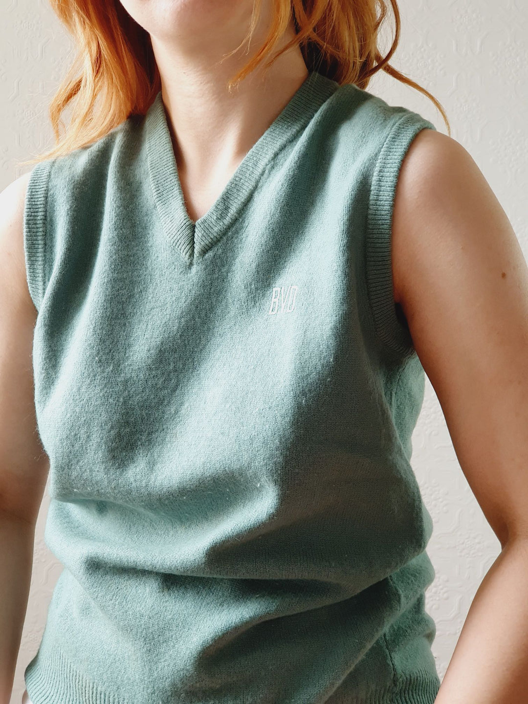 Vintage Muted Green Wool V-Neck Vest - S