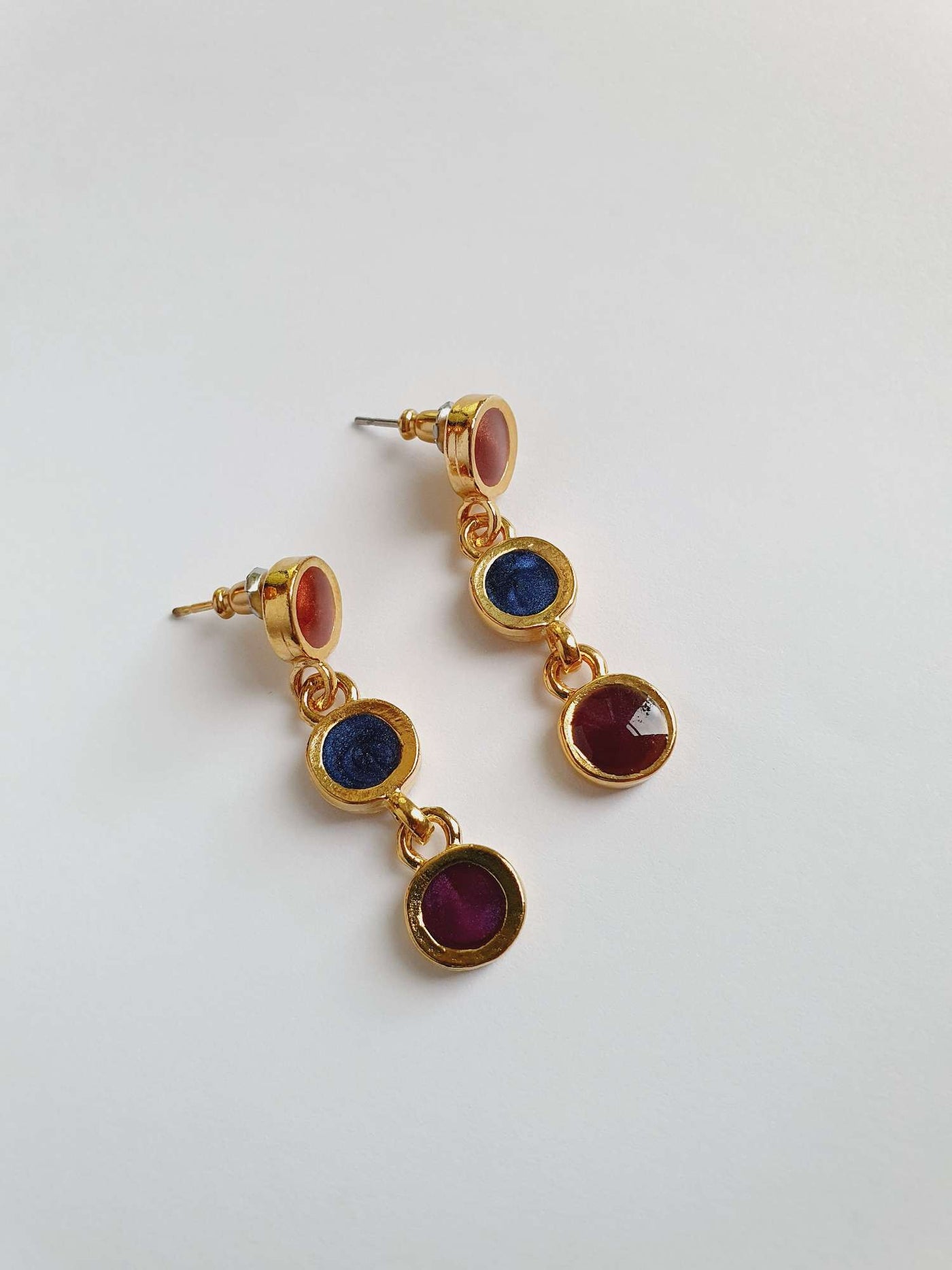 Vintage Gold Plated Drop Earrings with Red, Blue & Purple Enamel