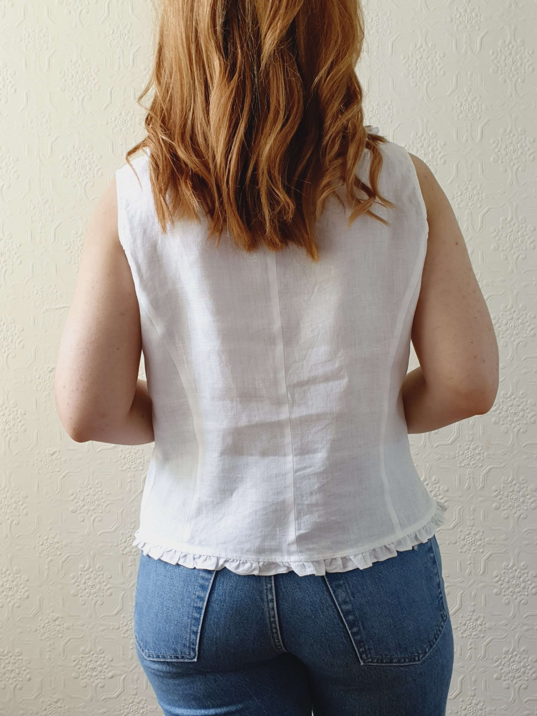 Vintage White Linen Sleeveless Top with Square Neckline - M/L