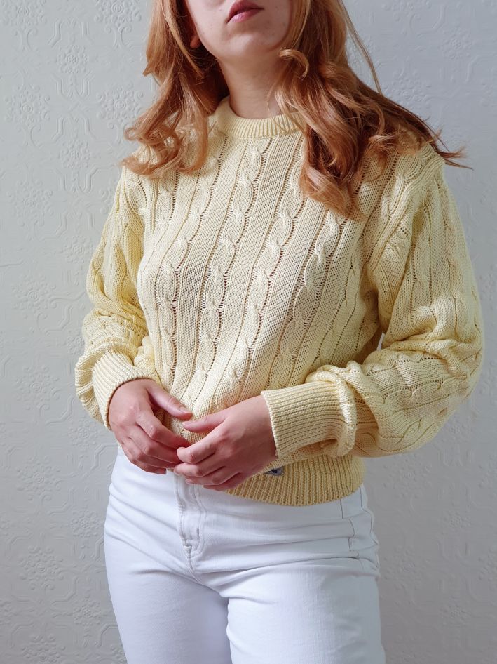 Vintage Pale Yellow Cable Knit Cotton Jumper - M