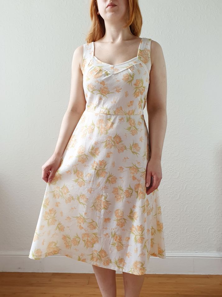 Vintage Cream Floral Sleeveless Dress - S/M