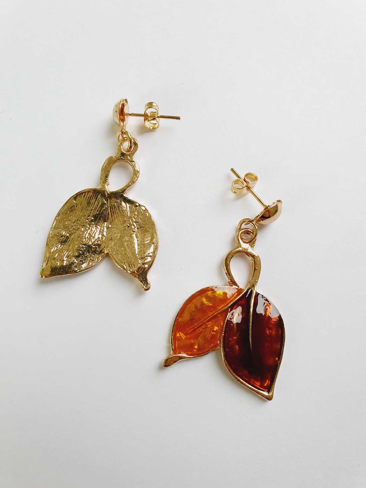 Vintage Gold Toned Enamel Leaf Earrings