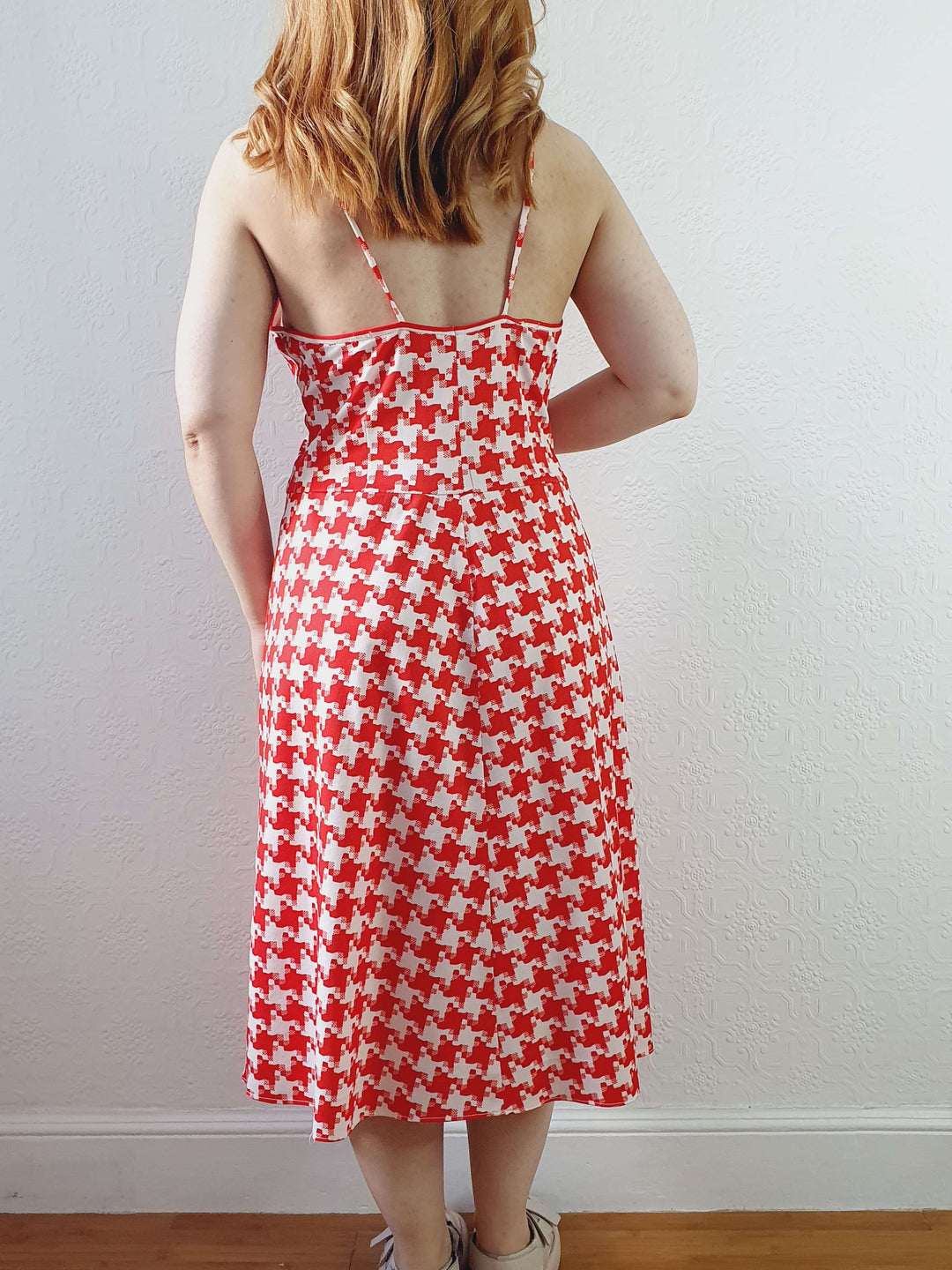 Vintage Red & White Houndstooth Sleeveless Dress - M