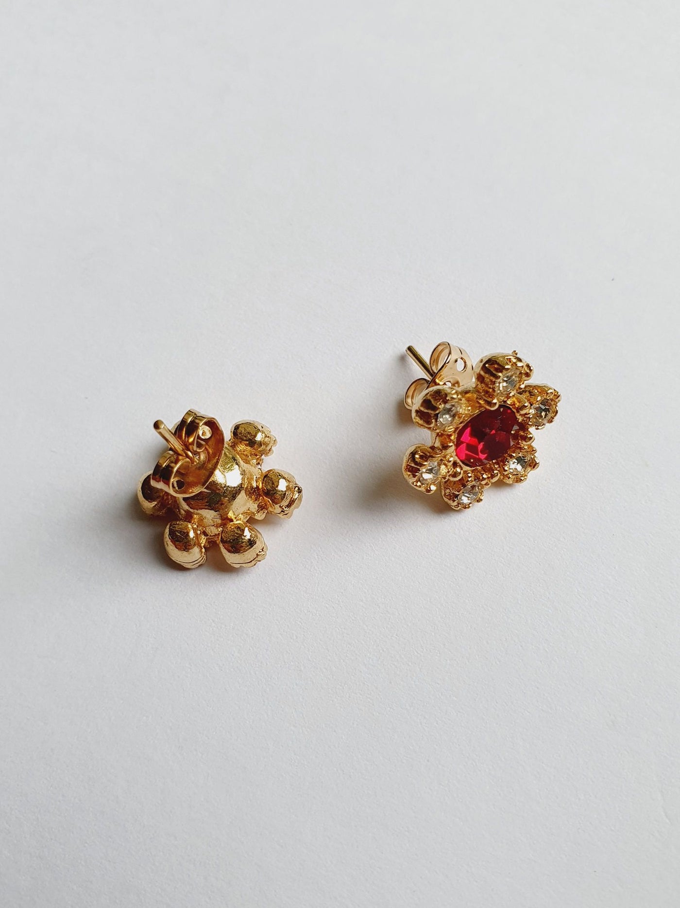 Vintage Gold Plated Red & Clear Crystal Flower Stud Earrings