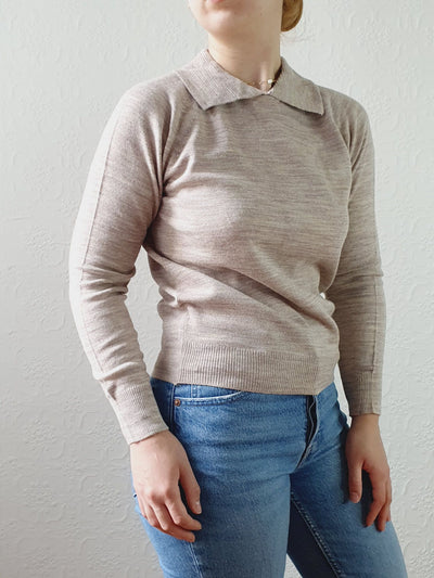 Vintage Taupe Polo Style Long Sleeve Jumper with Collared Neck - XS