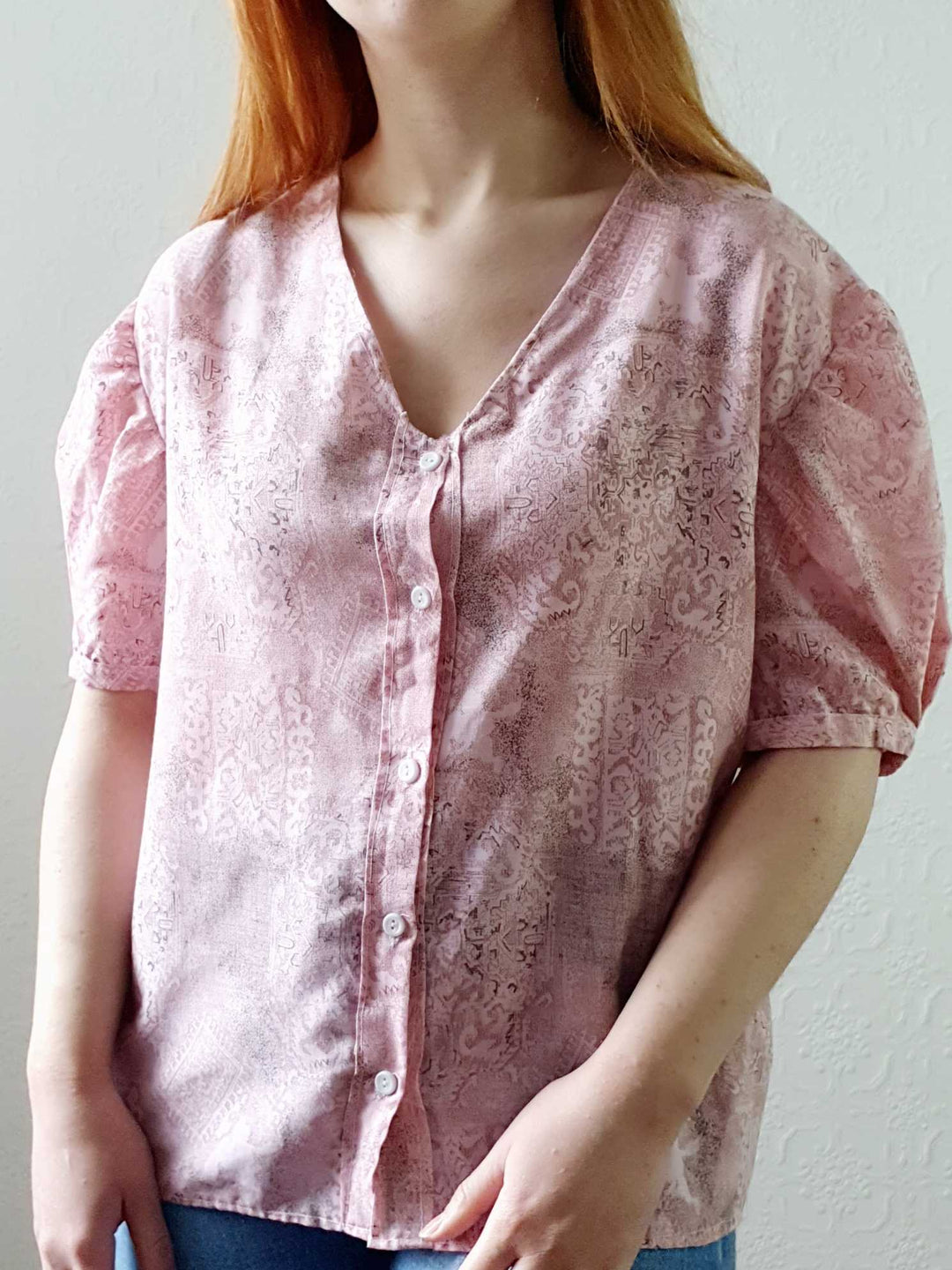 Vintage Pink Puff Sleeve V-Neck Blouse - M/L