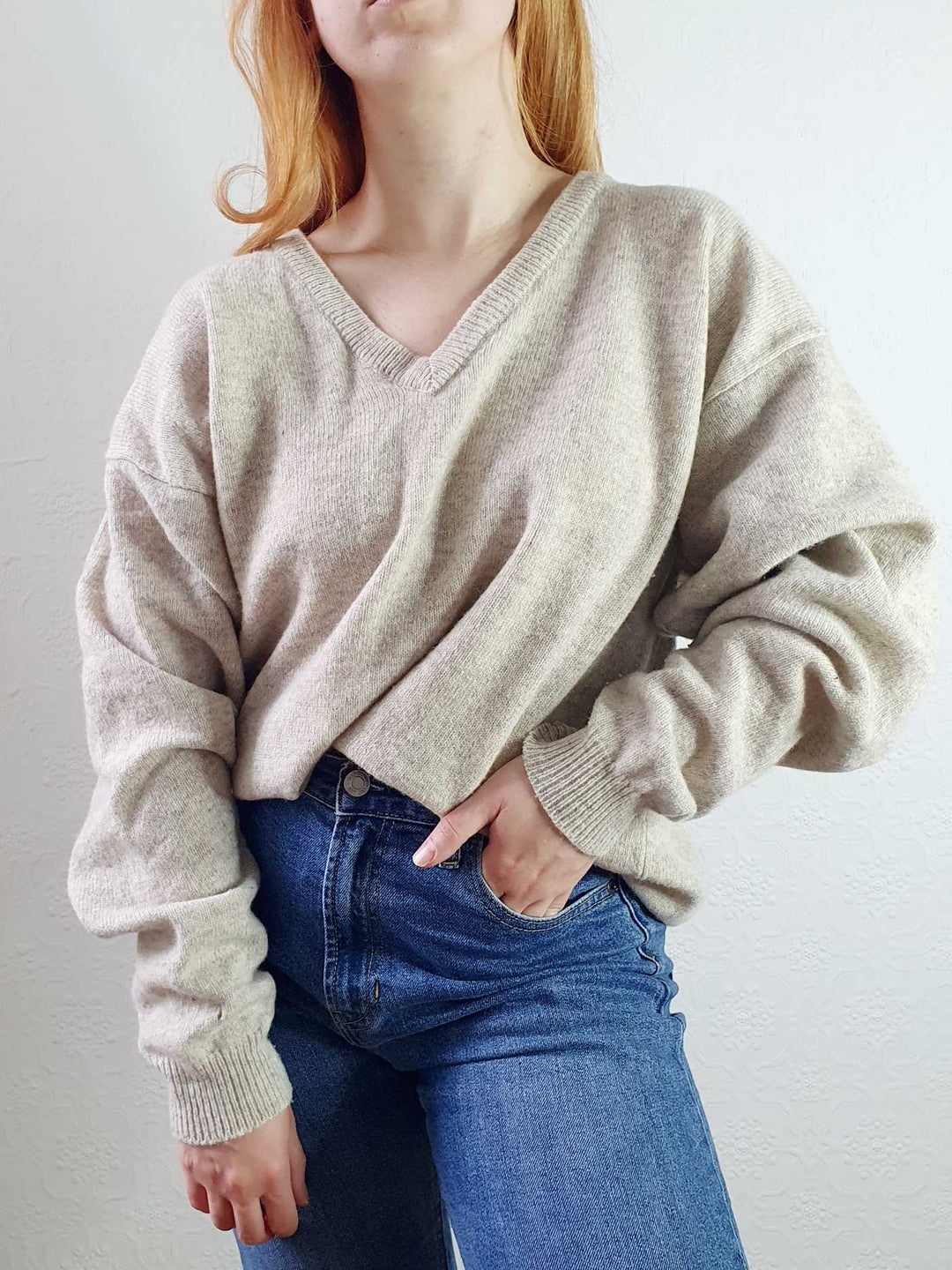 Vintage Pure Wool Beige V-Neck Jumper - XXL