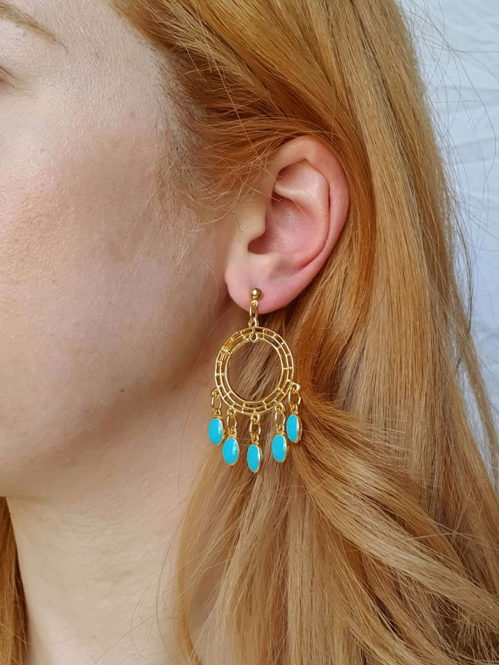 Vintage Gold Plated Boho Drop Earrings with Turquoise Details