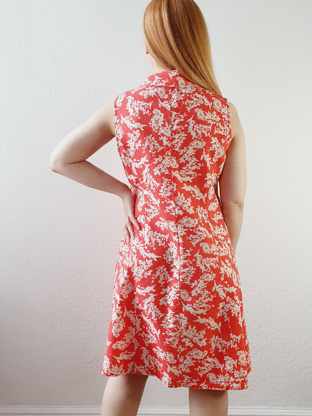 Red & White Floral Linen Dress - M