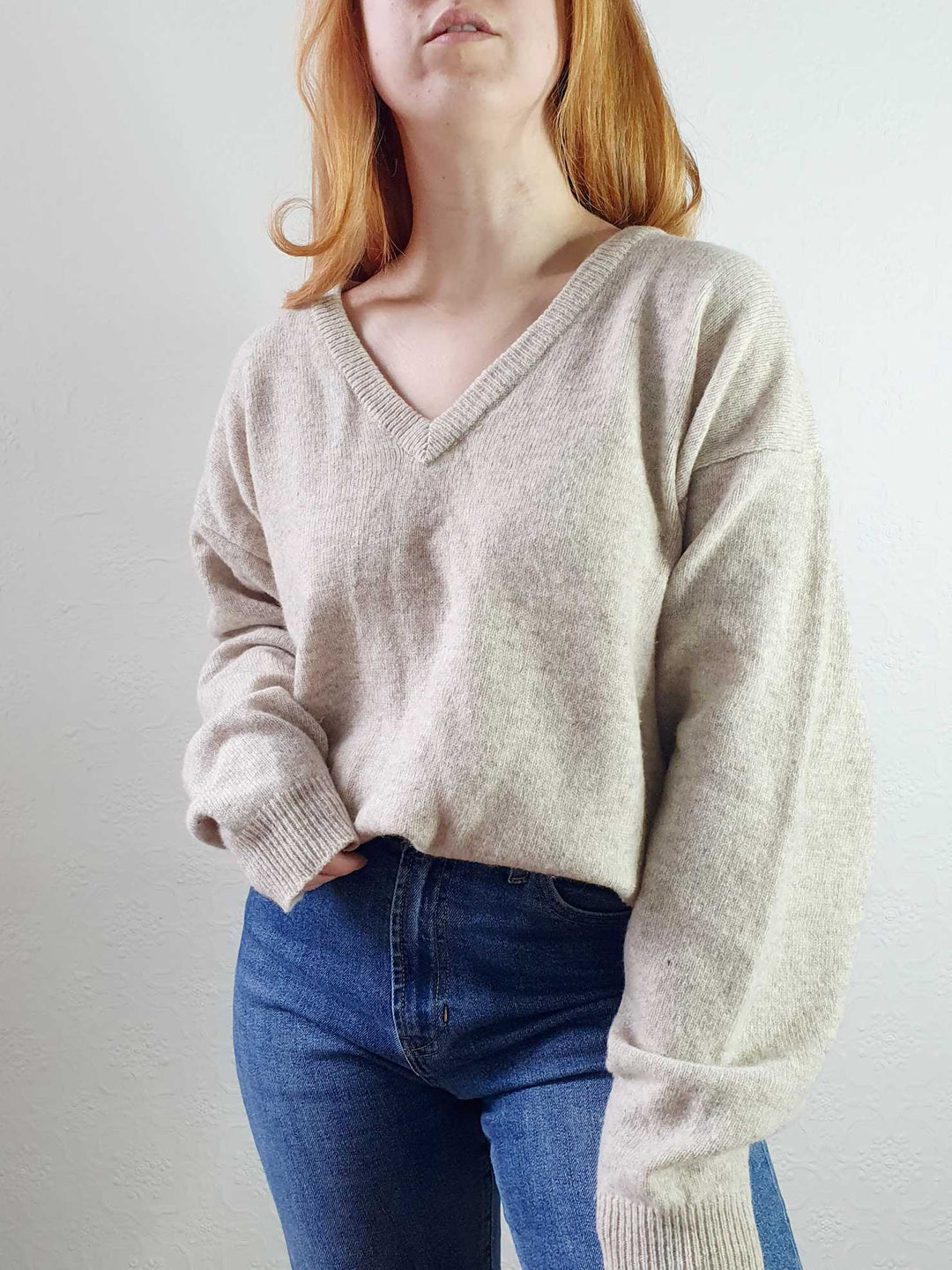 Vintage Pure Wool Beige V-Neck Jumper - XXL