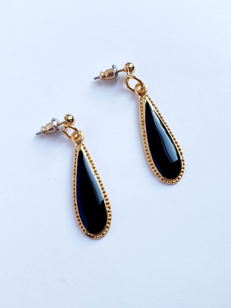 Vintage Gold Plated Black Enamel Drop Earrings