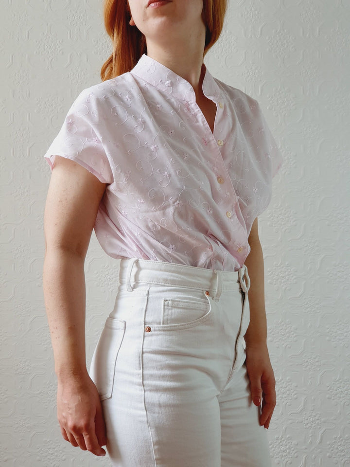 Vintage 80s Pale Pink Broderie Anglaise Blouse - S