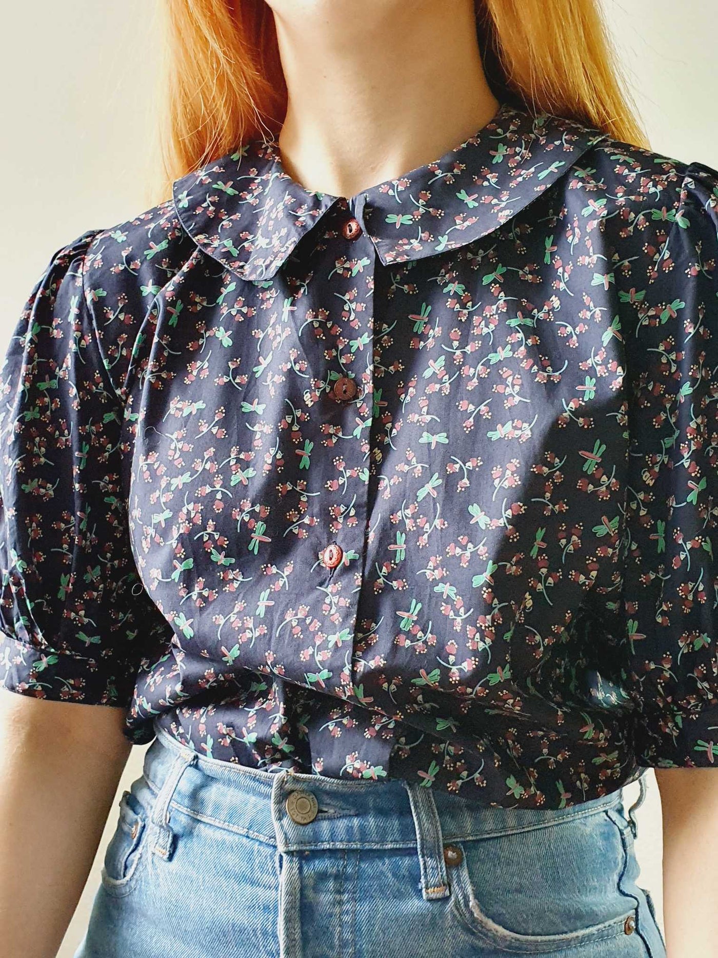 Vintage Navy Floral Puff Sleeve Cotton Blouse - S/M