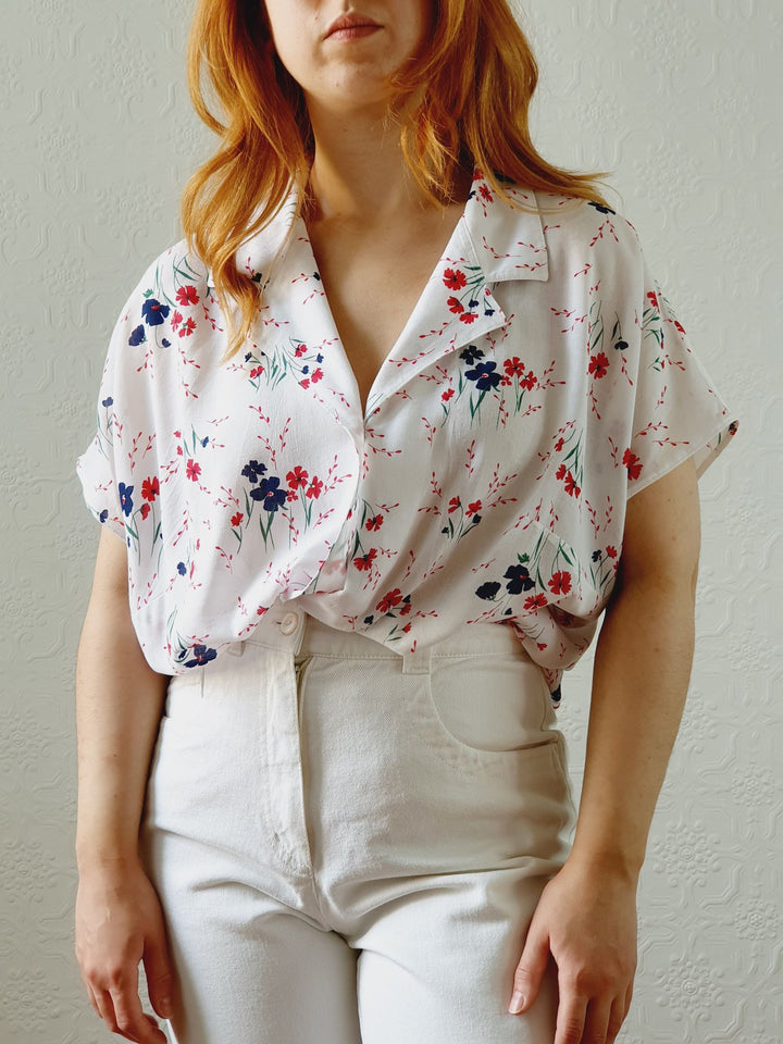 Vintage 80s White Cap Sleeve Floral Blouse - XL/XXL