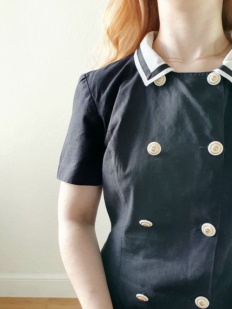 Vintage Black Linen Nautical Dress - S/M