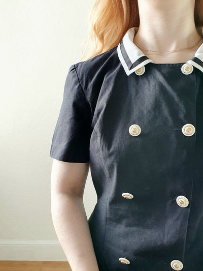 Vintage Black Linen Nautical Dress - S/M