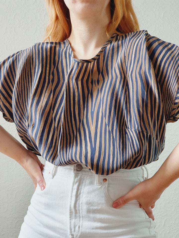 Vintage 80s Black & Brown Tiger Print Blouse - S/M