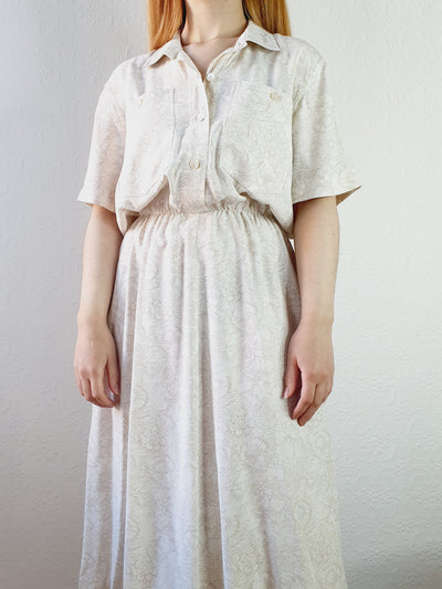 1980s Ivory Floral Pattern Shirt Dress - L/XL