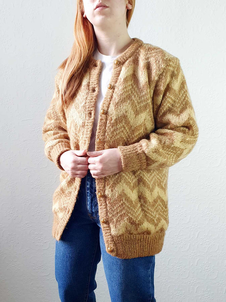 Vintage 80s Mustard Chevron Pattern Wool Cardigan  - M