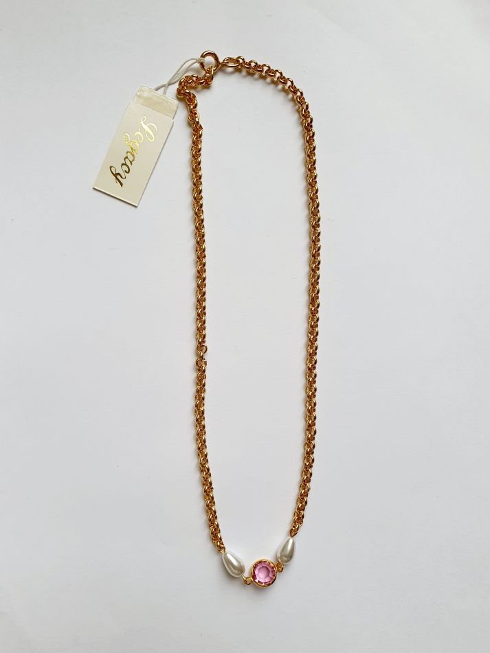 Vintage Gold Plated Chain Necklace with Pearls & Pink Crystal