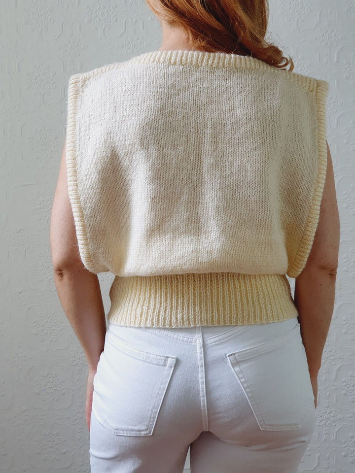 Vintage Cream Handknitted Sleeveless Crew Neck Vest - S/M/L