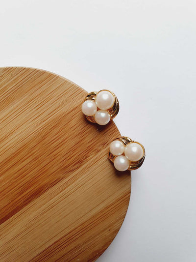 Vintage Gold Plated Triple Pearl Stud Earrings