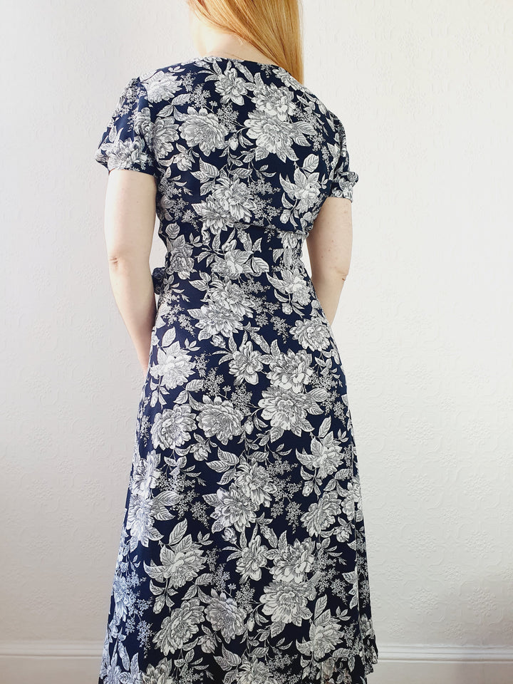 Navy & White Floral Wrap Dress - S