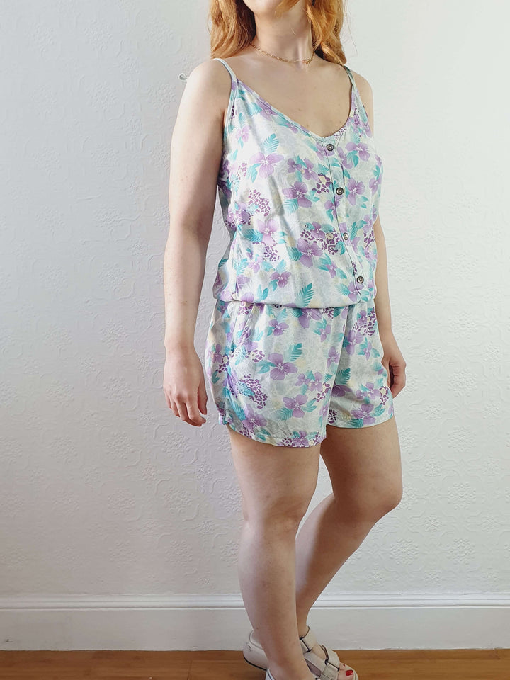 Vintage 80s Pastel Floral Spaghetti Strap Playsuit - S/M