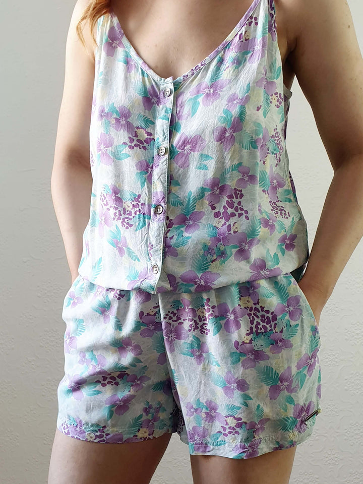 Vintage 80s Pastel Floral Spaghetti Strap Playsuit - S/M