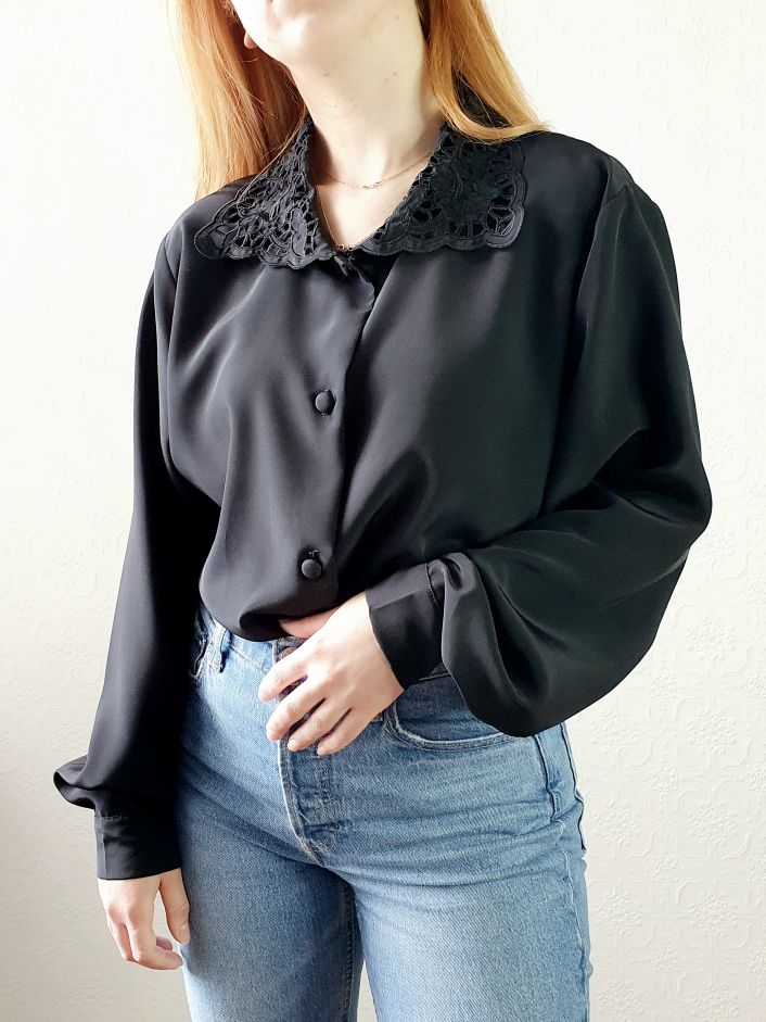 Vintage Black Collared Blouse - XL