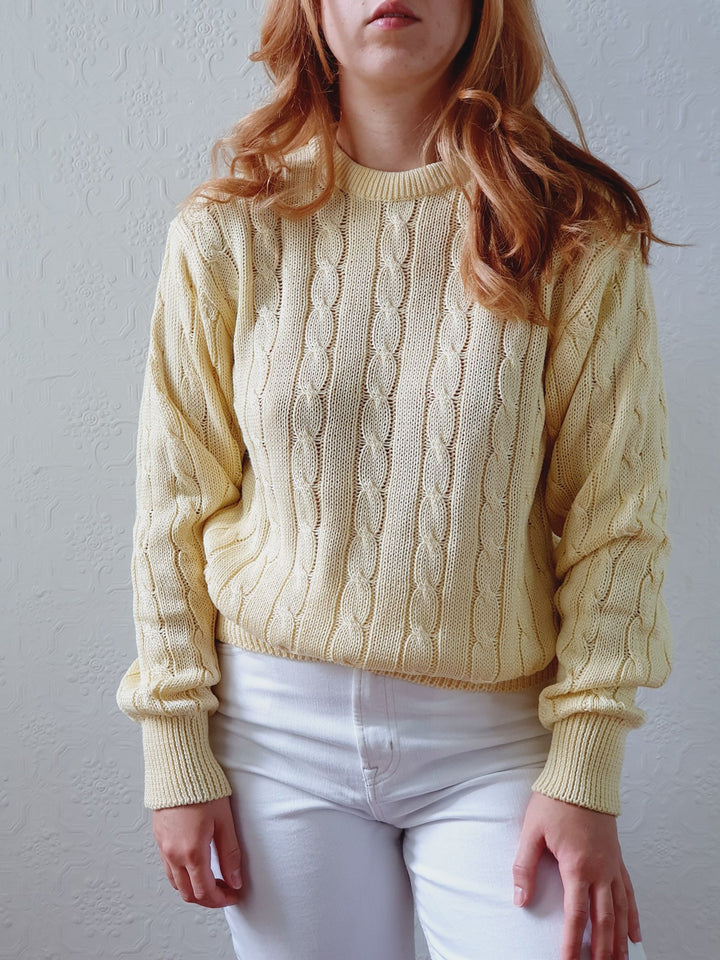 Vintage Pale Yellow Cable Knit Cotton Jumper - M