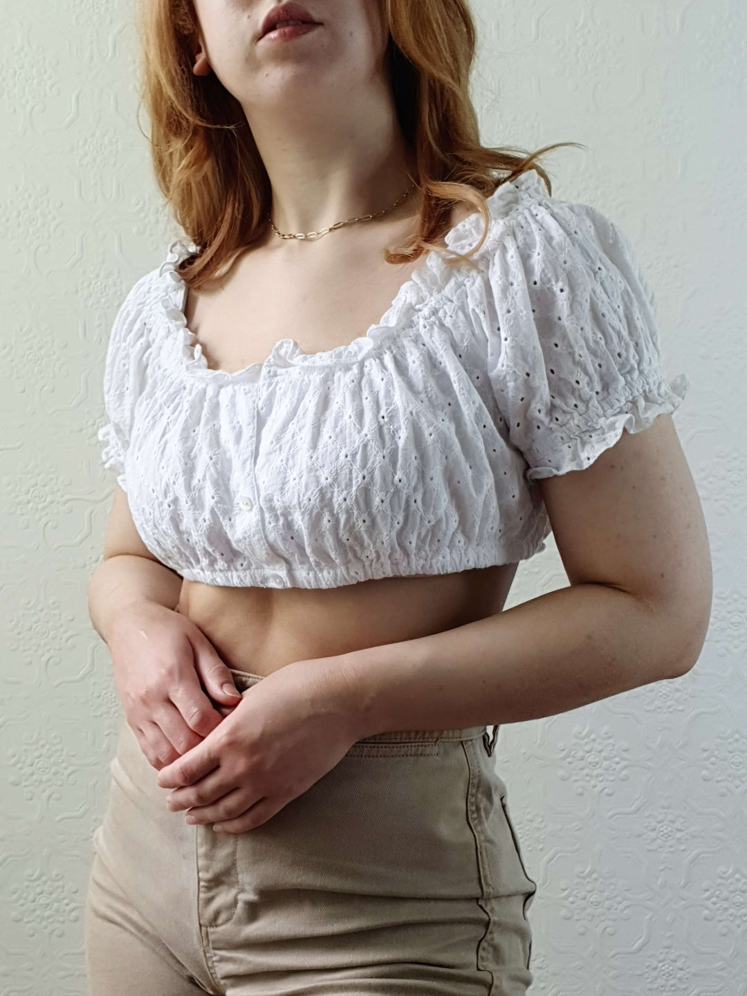 Vintage White Cotton Broderie Anglaise Cropped Top - S/M