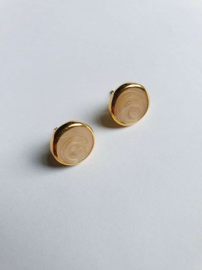 Vintage Gold Plated Beige Enamel Round Stud Earrings