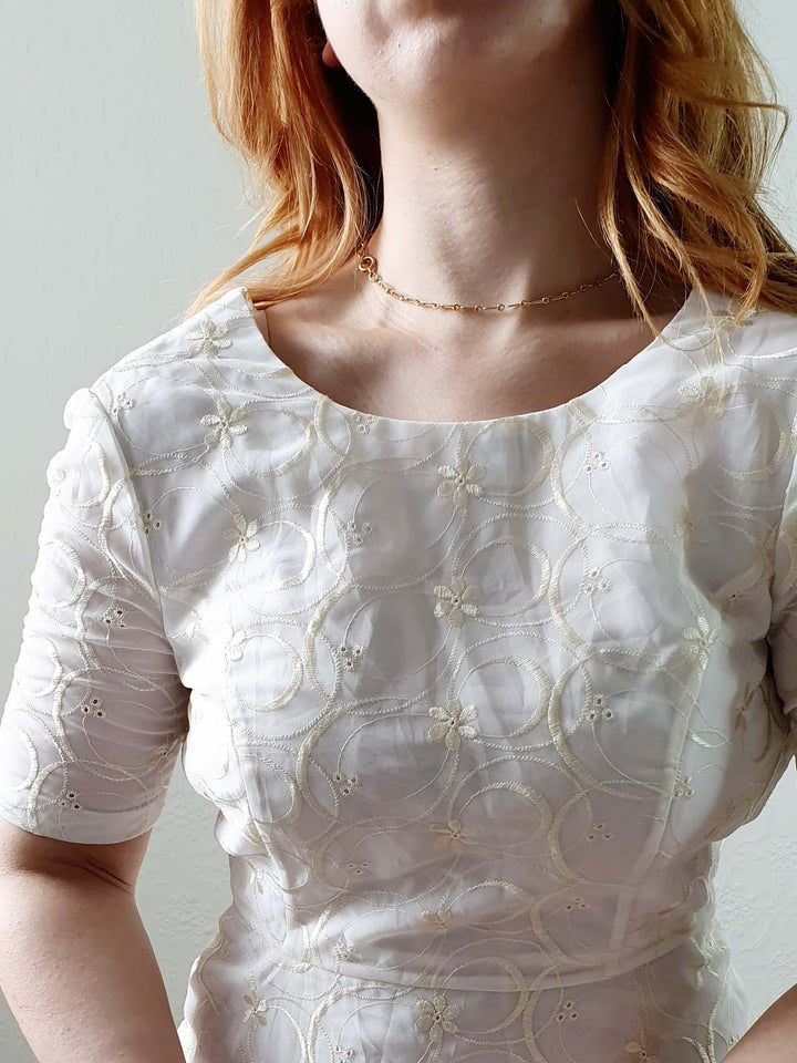 Vintage Handmade Cream Embroidered Short Sleeve Skater Style Dress - XXS/XS