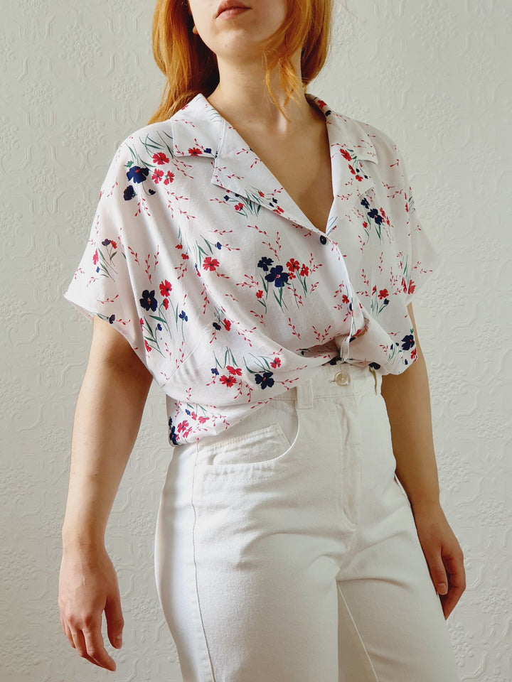 Vintage 80s White Cap Sleeve Floral Blouse - XL/XXL