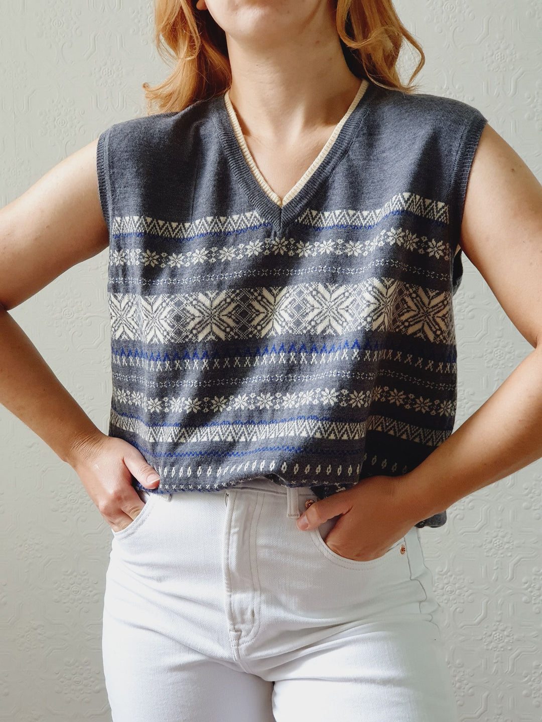 Vintage Grey Fairisle Wool V-Neck Vest - M