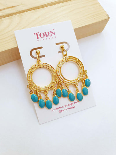 Vintage Gold Plated Boho Drop Earrings with Turquoise Details