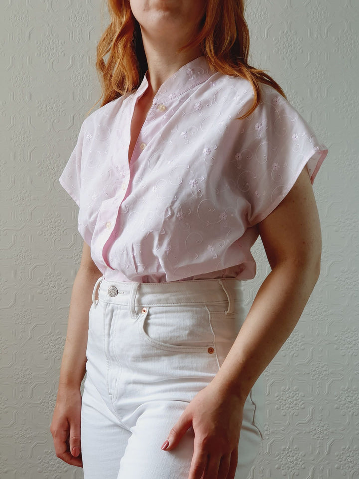 Vintage 80s Pale Pink Broderie Anglaise Blouse - S