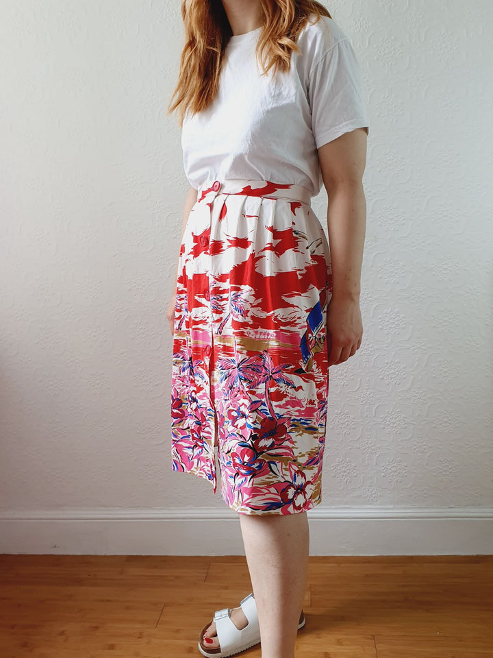 Vintage Handmade White & Red Tropical Pattern Skirt - M