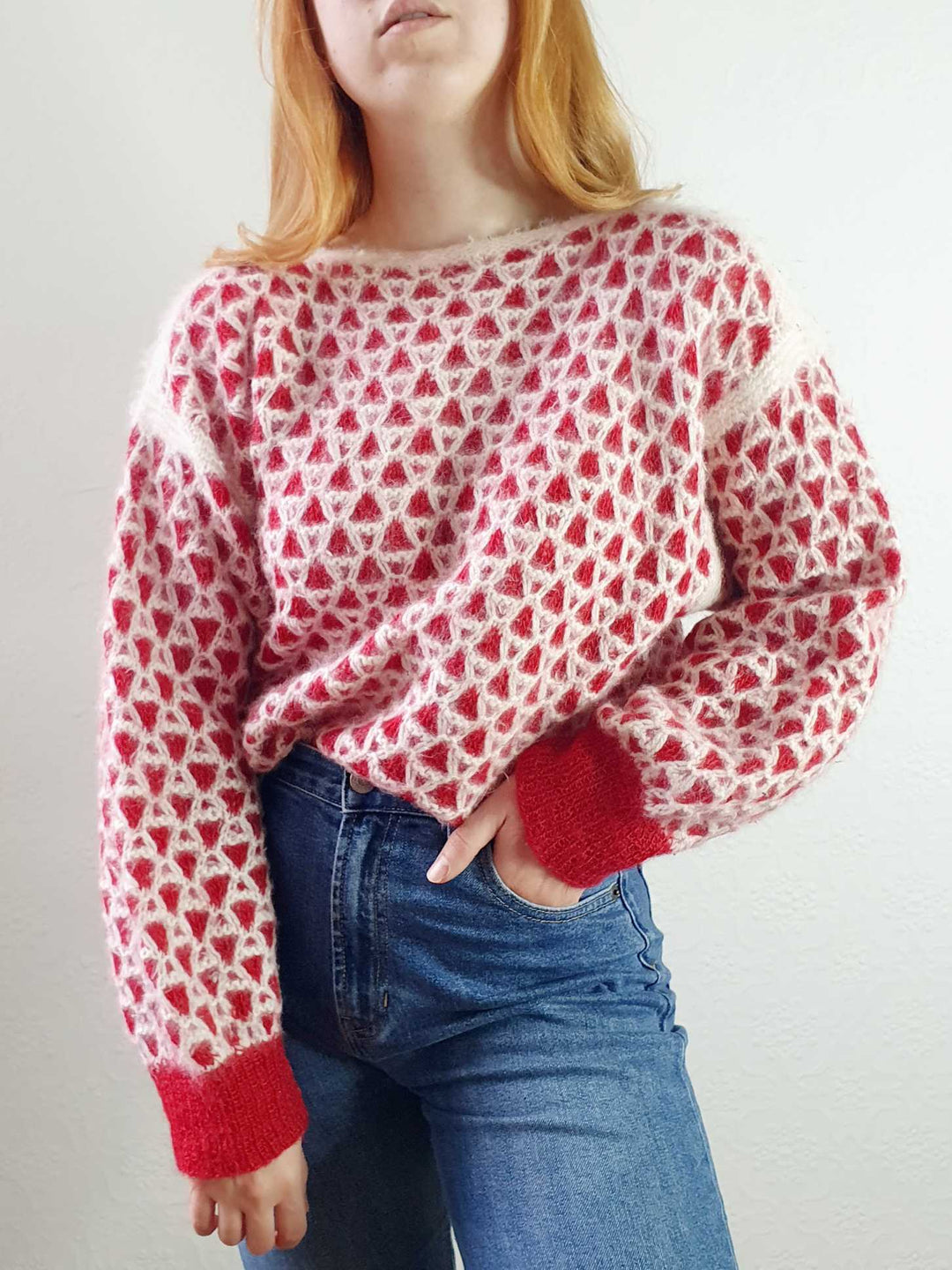 Vintage Red and White Boat Neck Angora Jumper - L/XL