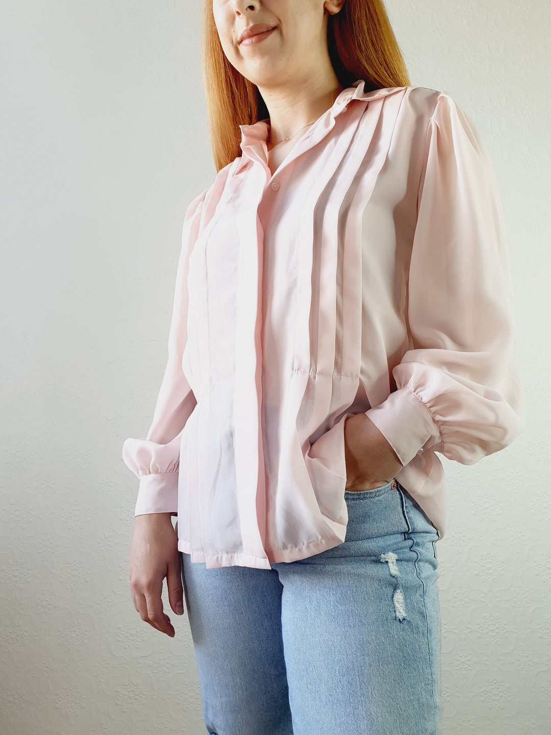 Pink Semi Sheer Blouse with Pleated Detail - M