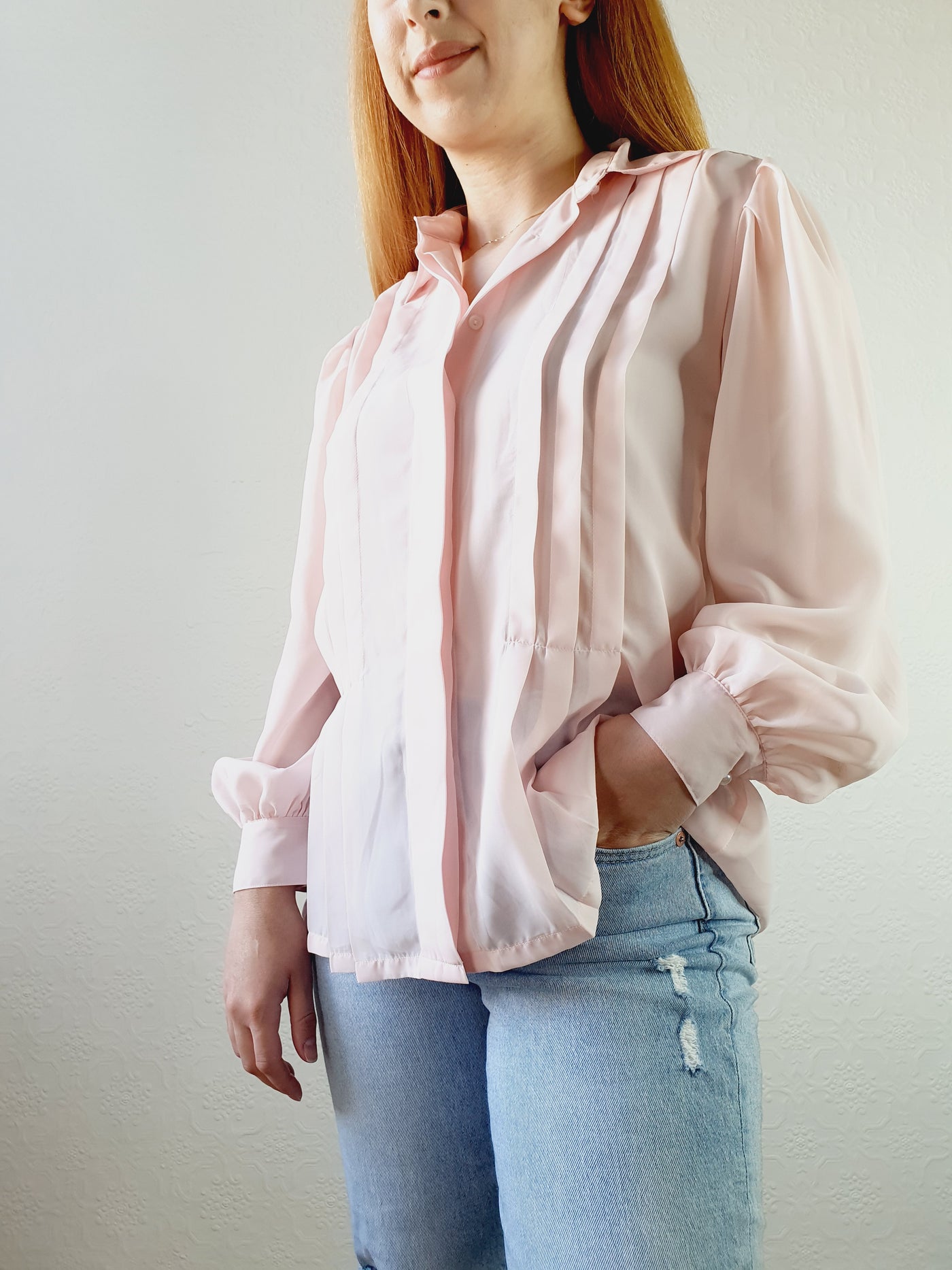 Pink Semi Sheer Blouse with Pleated Detail - M