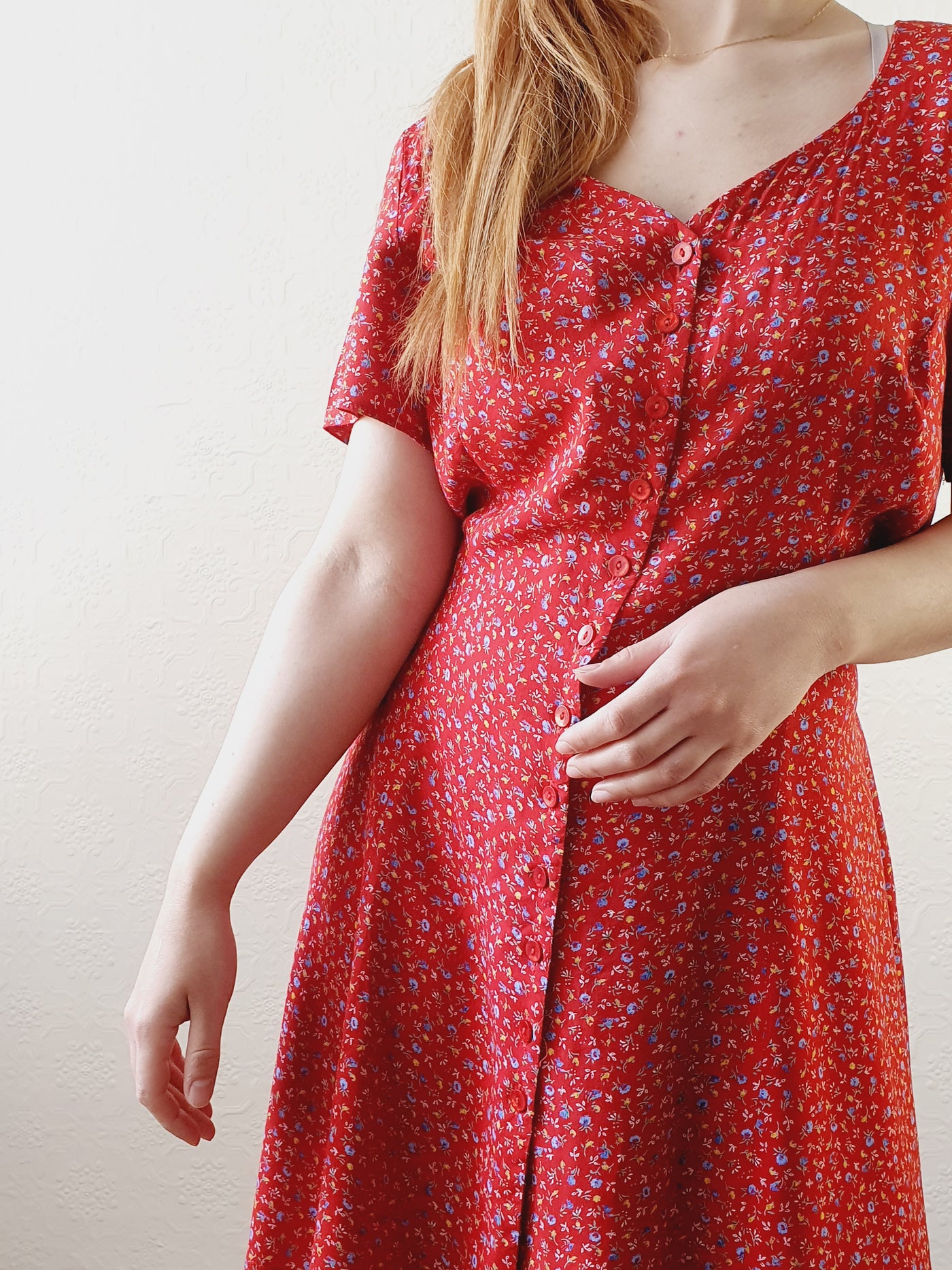 Red Ditsy Floral Dress - L