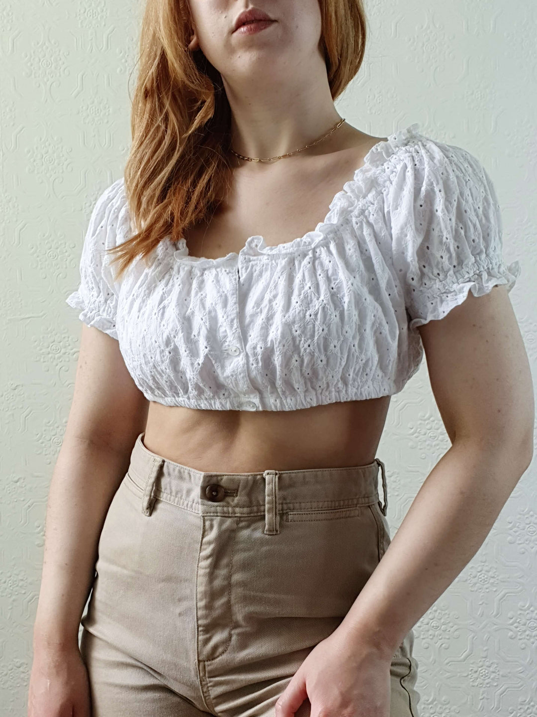 Vintage White Cotton Broderie Anglaise Cropped Top - S/M