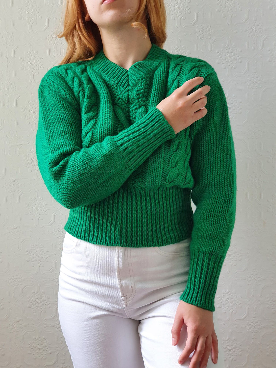 Vintage V-Neck Wool Green Aran Jumper - S