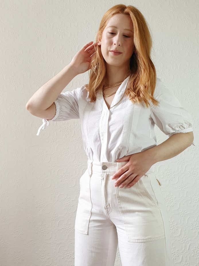 White Puff Sleeve Cotton Blouse - S