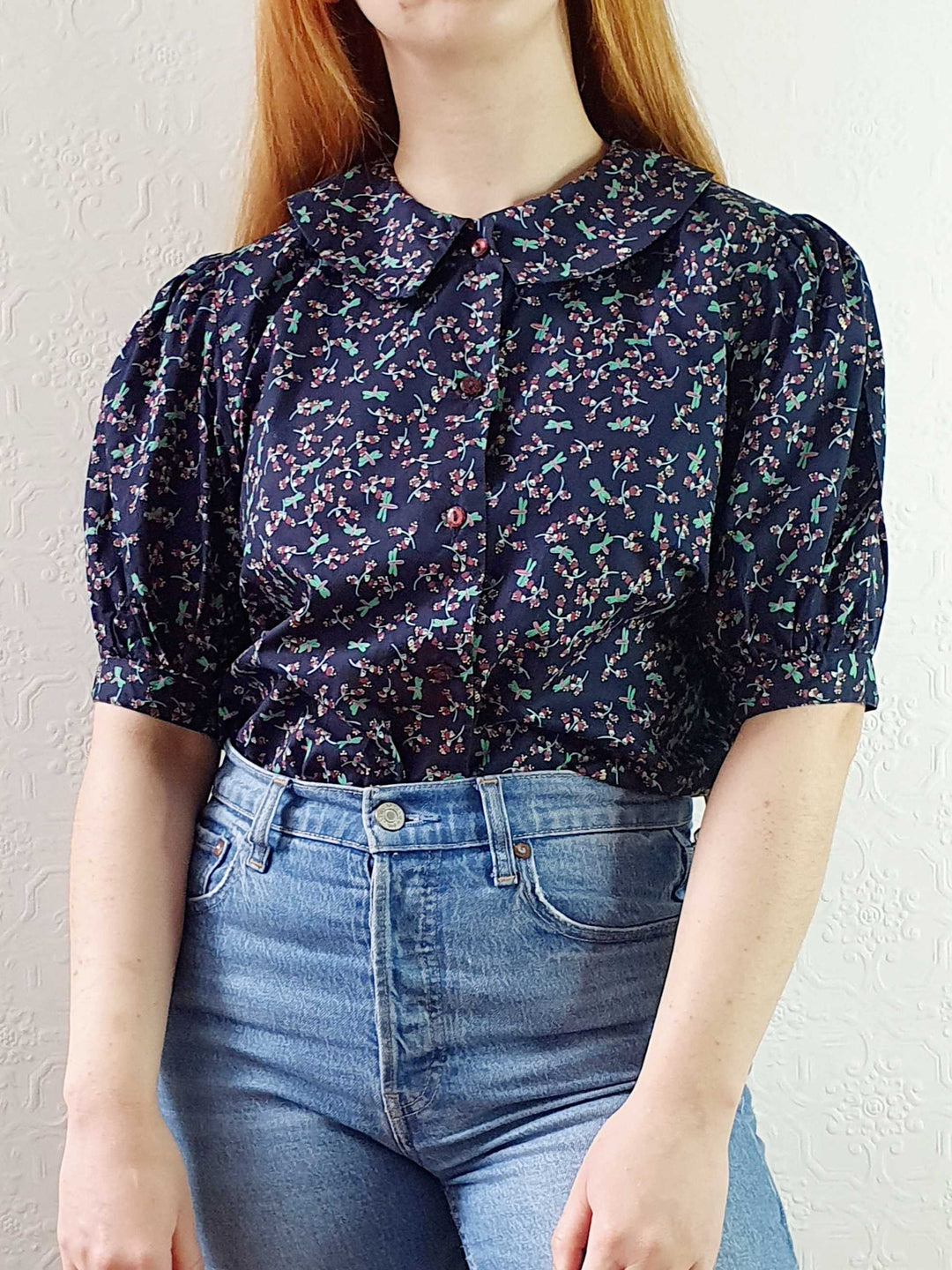 Vintage Navy Floral Puff Sleeve Cotton Blouse - S/M