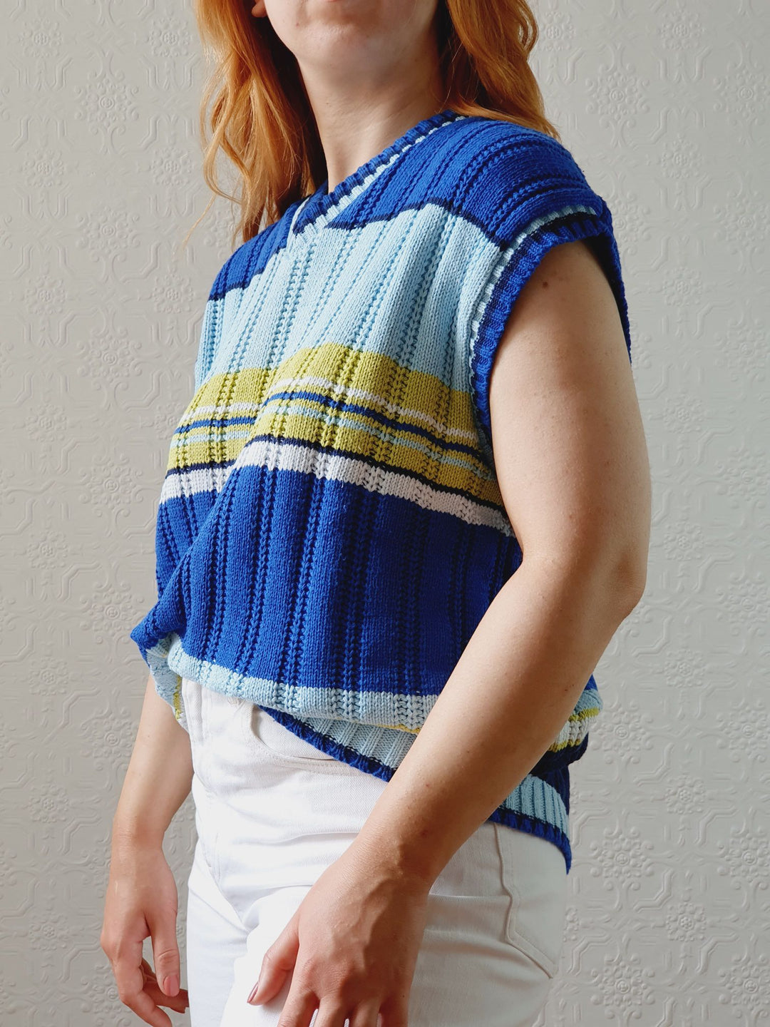 Vintage Blue & Green Striped Cotton V-Neck Vest - L/XL