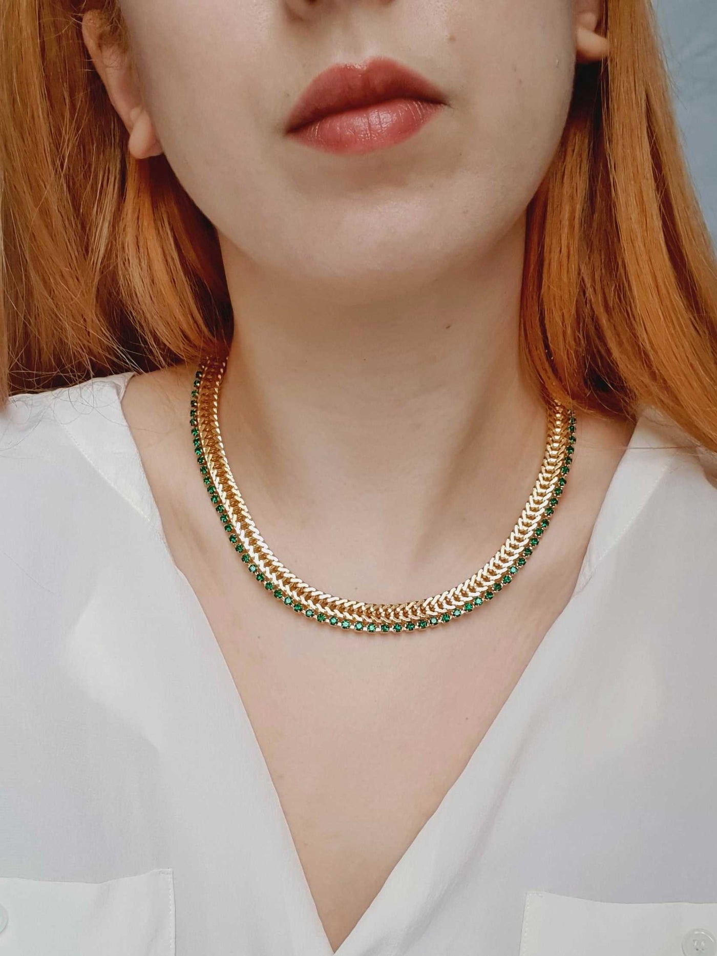 Vintage Gold Plated Herringbone Chain Necklace with Emerald Crystals