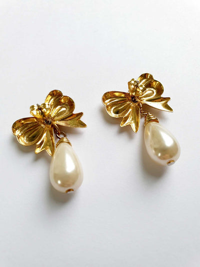 Vintage Gold Toned Bow & Drop Pearl Earrings